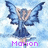 Pixelated anime-style character with blue wings and dress, arms raised against light blue background, purple text 'Mokion' at bottom.