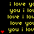 Yellow pixelated text and red hearts on black background, with animated heart count changes across repeated text patterns.