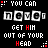 A 4-frame animated contact sheet showing a pixelated text-based animation with red and white lettering on black background, displaying the phrase "YOU CAN NEVER GET HIM OUT OF YOUR HEAD" in varying states of motion blur across frames.