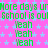Pixelated text repeats 'More days ur' and 'School is out' in green on a pink background with light blue stars, while 'Yeah' appears multiple times below.