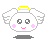 Pixelated angel icon with yellow halo, white wings, pink cheeks, and gray shadow on light gray background.