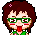 Pixel art avatar with brown hair, pink flower, green glasses, green top, and pink accents; left frame shows tongue out, right frame shows closed mouth.