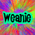 A vibrant, pixelated image with a multicolored radial burst background and the word 'weanie' in black text with a cyan outline.