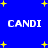 Blue background with yellow stars and white text reading 'CANDI' in four positions, two at top and two at bottom.