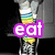 A four- of pixelated text icons with distinct backgrounds: 'eat' over a dark figure, 'sleep' over rainbow stripes, 'dance' over purple stars, and a blank