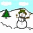 Pixelated snowman with green hat and brown scarf stands in snowy landscape with pine trees under light blue sky.