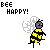 Pixelated bee icon with yellow and black stripes, gray wings, and 'BEE HAPPY!' text above it on white background.
