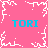 Pixelated pink background with white snowflake borders and four cyan 'TORI' text instances arranged in a pattern