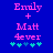 Blue background with pink text reading 'Emily + Matt Lever' and five cyan plus signs below, showing slight pixel variation between