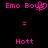 Pixelated pink text and symbols on black background, two identical side-by-side with 'Emo Boys' above equals sign and 'Hott' below