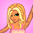 Pixel art of a blonde woman in a pink dress with a pink background, featuring the word 'DANCE' in purple and blue letters arranged in a diagonal pattern.