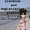 Pixelated anime-style character with dark hair in twin buns stands on a road, holding a white object, with text overlay reading 'Licence and Registration please' against a blurred highway background.