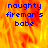 Blue pixelated text 'naughty fireman's babe' overlaid on a fiery orange-yellow background with visible flame patterns.
