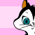 Animated cartoon cat face with black and white fur, orange ears, blue eyes, and a pink nose on a striped background.
