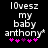 Pixelated text reads 'I Ovesz my baby anthony' with pink and purple hearts below, showing animation changes in heart colors.