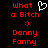 Red pixelated text on black background with white heart symbol above left side of 'Bitch' and smiley face below, labeled 'Danny Fanny'.