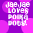 Pixelated text 'JaeJae loves Poika Dots!' on a purple background with pink circular shapes, animated by shifting positions.