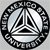 Circular icon with a central triangular structure surrounded by a pixelated border containing indistinct text elements.