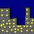 Pixelated cityscape at night with gray buildings, yellow square windows, and a blue checkered sky background.