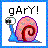 Pixel art icon of a pink snail with red spiral shell and blue body, featuring the text 'gARY!' above it on a white background with blue border.