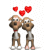 Two cartoon dogs stand side-by-side with red hearts floating above them, showing sequential changes in heart count and dog posture.
