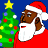 Pixelated Santa Claus in red suit with white trim, standing beside a green Christmas tree under blue background.