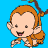 A cartoon monkey with brown fur and a light skin tone hangs from a branch, displaying various facial expressions against a solid blue background.
