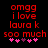 Red pixelated text on black background reads 'omgg i love laura k soo much' with pink and purple hearts below, two versions differ in heart arrangement.