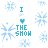 A static image with a white background covered in light blue snowflakes, featuring repeated text "I ❤️ THE SNOW" in cyan.