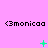 Pixelated text '<3monicaa' repeated three times per on a pink background with green animated symbols changing across frames