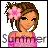 Pixel art icon of a cartoon woman with brown hair, pink flower accessory, and pink dress wearing a necklace, with partial text visible below her.