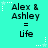 Cyan background with repeated text "Alex & Ashley = life" and white star-shaped decorations in a