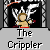 Pixelated cartoon figure with brown hair and red shorts stands in front of black background with white wing-like shapes and gray frame.