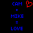Blue pixelated text on black background with red heart symbol above the equals sign.