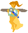 Pixelated angel figure with orange hair in a ponytail, yellow dress, and brown wings holding a blue staff with floral patterns.