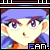 Pixelated anime-style character with purple hair and blue clothing, displaying three variations of facial expression in a