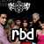 Pixelated image with white 'rbd' text over a group of people, a chandelier above, and a black background.