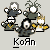Pixel art animation of a stylized character with white eyes and dark hair, transitioning through multiple states including text variations and color shifts on a light gray background.
