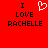 Red background with black text reading "I LOVE RACHELLE" and a white pixelated heart symbol above the word "LOVE" on the left side.