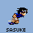 Two pixel art frames of a character in blue and brown clothing performing martial arts poses with the text 'SASUKE' below each frame on a light blue background.