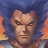 Pixelated close-up of a human face with light brown skin, dark eyes, and a neutral expression against a blue and orange gradient background.