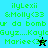Pixelated green text on cyan and black backgrounds with two distinct star-shaped icons, one dark and one light blue.