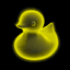 Four neon-colored rubber duck icons arranged in a 2x2 grid on black background, each with distinct color and subtle outline glow.