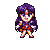 Pixel art character with long purple hair and orange-brown outfit in multiple poses including standing, drawing bow, and surrounded by swirling orange fire effects.