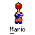 Pixel art of Mario holding a red ball on a pole above his head, then holding the same ball in front with both hands.
