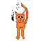 Pixelated orange cat-like figure with pink inner ears, black eyes, and a black mouth, standing against gray background with one raised arm and scattered black dots on left side.