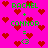 Pixelated animation on bright pink background with red hearts and green text displaying 'RACHEL + CONNOR = 3' in multiple positions.