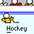 Pixelated hockey-themed buddy icon with yellow and red figures holding sticks, displayed under 'Hockey' text on light blue background with blue borders.