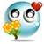A blue circular character with large black-and-white eyes holds a red heart and yellow flowers, alternating between two distinct flower arrangements.