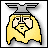 Pixelated icon of a figure with long yellow hair, a gray helmet with wing-like extensions, and a yellow cloak against a white background.